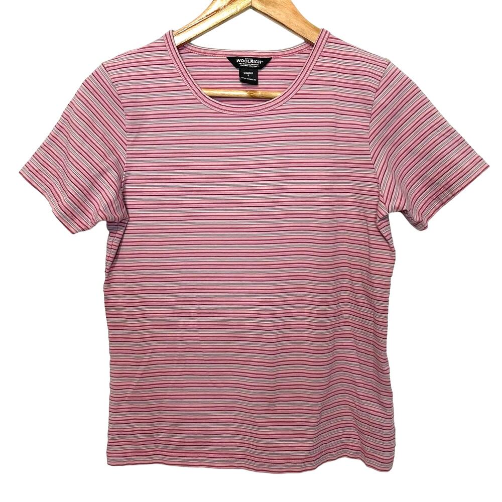 Woolrich Pink Striped Shirt S Womens Short Sleeve Casual Scoop Neck Wildrose